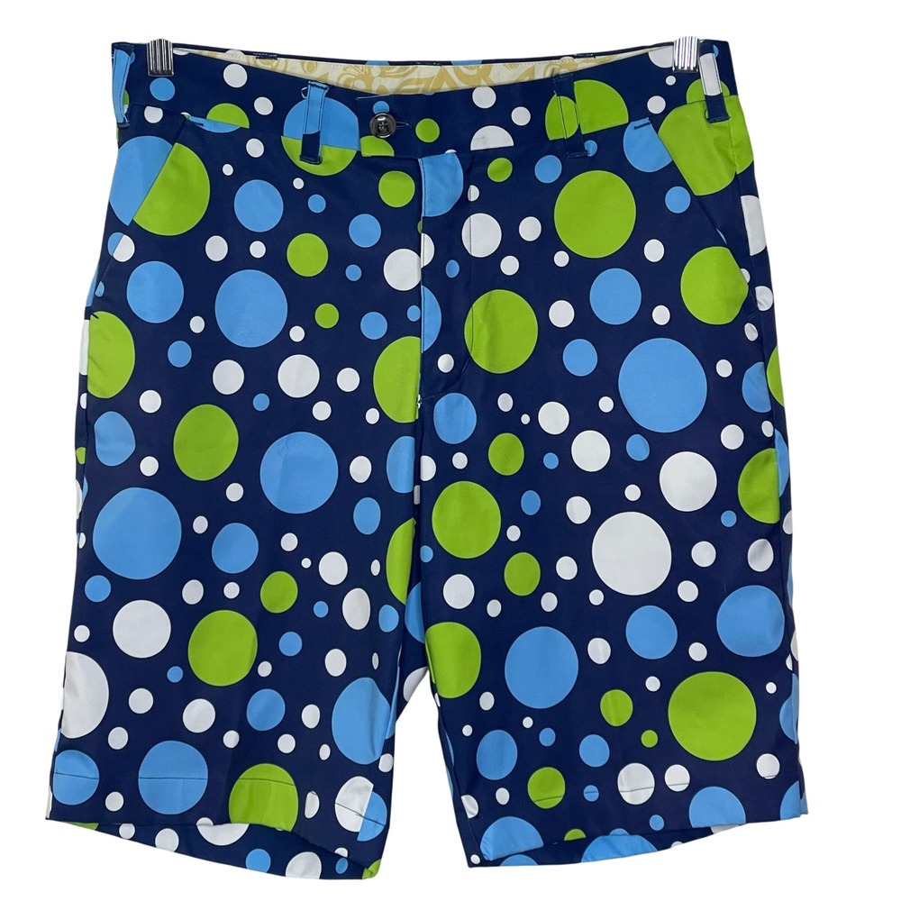 Loudmouth Mens Golf Shorts Navy Blue Green Polka Dot Bubbles Size 32
